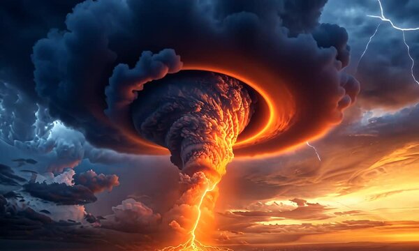 Fiery tornado with lightning striking ground, apocalyptic sunset landscape.