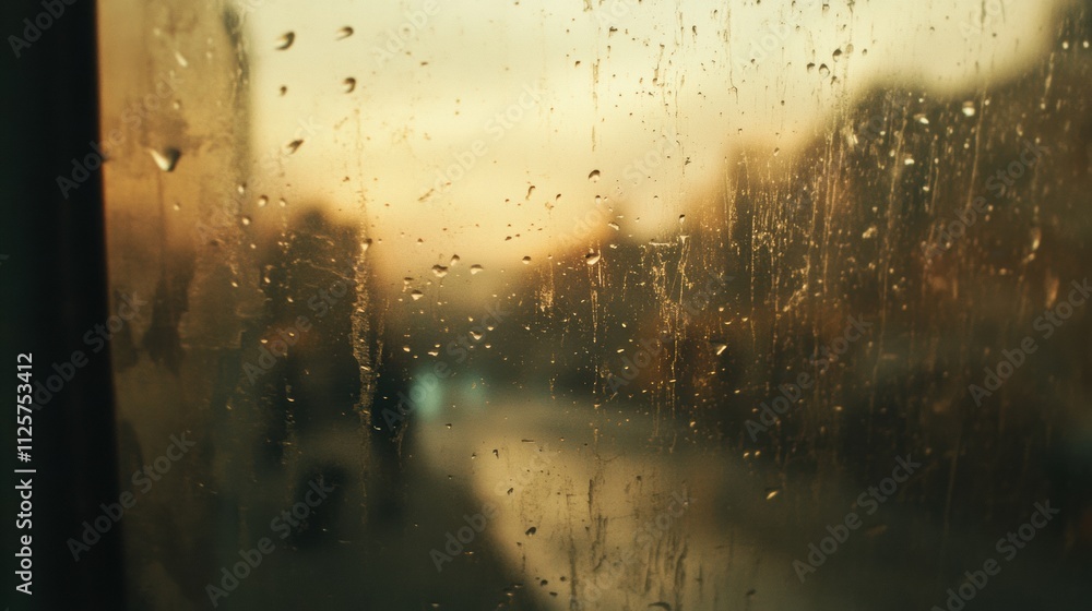 Fototapete raindrops cling to a window, blurring the view of an empty street at sunset, offering a quiet moment