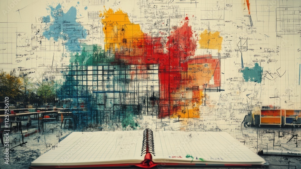 Poster a colorful artistic backdrop with an open notebook, blending creativity and design.