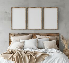 Three rustic wood picture frames hang above a cozy bed with beige bedding and pillows
