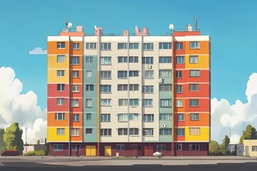 Soviet panel building.Panel housing.Soviet architecture.Soviet urbanism.A Soviet panel building rendered in a whimsical, cartoonish style