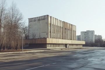 Obraz premium A street-level shot of a Soviet panel building with an empty, wide street in front.Soviet architecture.Soviet urbanism.Soviet panel building.Panel housing.
