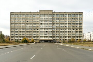 Obraz premium A street-level shot of a Soviet panel building with an empty, wide street in front.Panel housing.Soviet architecture.Soviet urbanism.Soviet panel building.