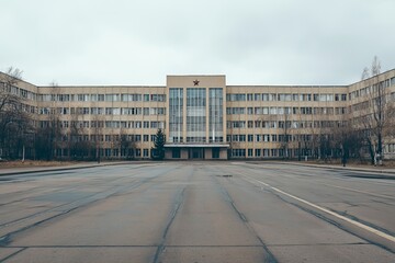 Obraz premium Panel housing.Soviet architecture.Soviet urbanism.Soviet panel building.A street-level shot of a Soviet panel building with an empty, wide street in front