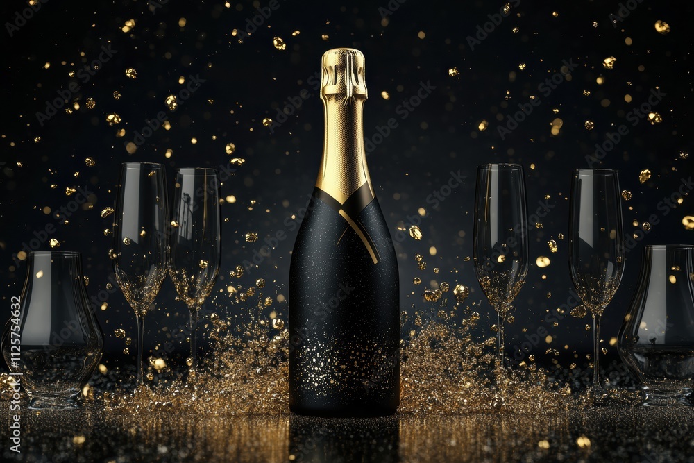 Poster champagne bottle erupts with fizz, surrounded by elegant glasses, creating a celebratory atmosphere 
