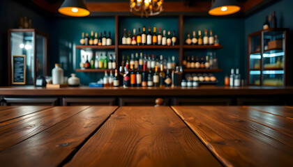 Empty Wooden Bar Tabletop in Front of a Well-Stocked Bar