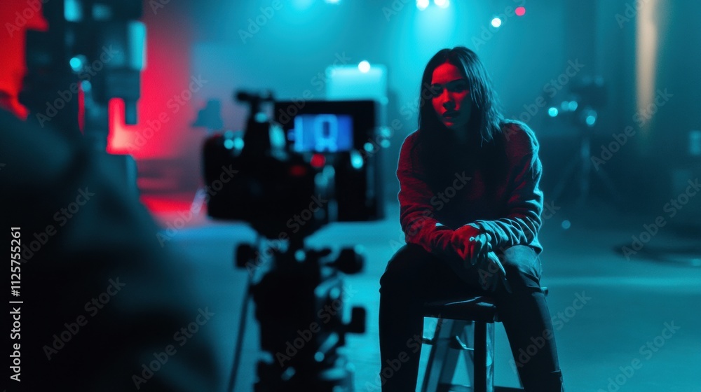 Leinwandbilder person being interviewed in a television studio setting with colorful lighting, capturing the essenc