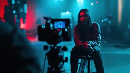 Fototapeta premium Person being interviewed in a television studio setting with colorful lighting, capturing the essence of media production technologies. Generative AI