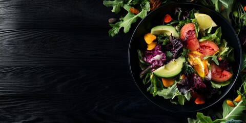 Fresh garden salad with avocado and tomatoes on dark wooden background.