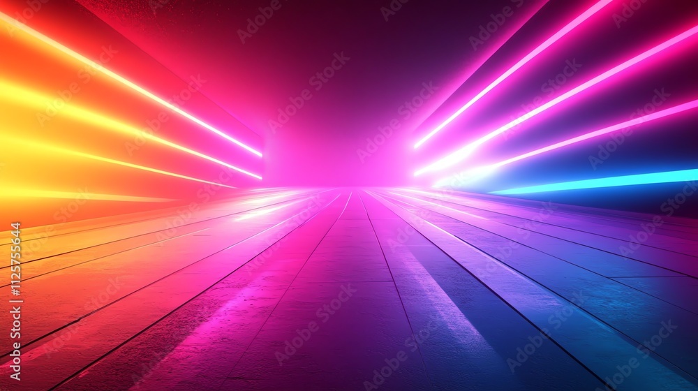 Poster a vibrant, neon-lit corridor with colorful beams of light creating a futuristic atmosphere.