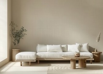 Minimalist living room interior with a white sofa. wooden coffee table. and natural elements