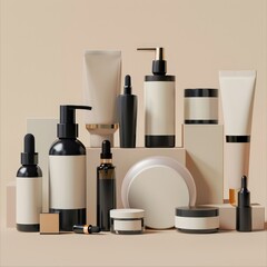 A variety of skincare products in minimalist packaging arranged on a beige background
