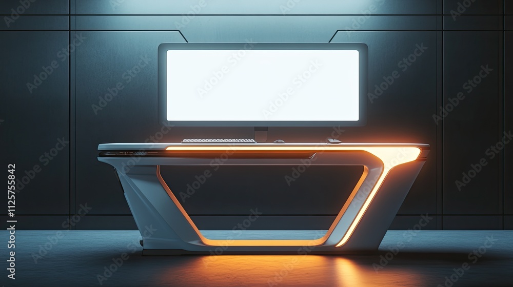 Poster futuristic illuminated desk with blank computer screen in a modern room.
