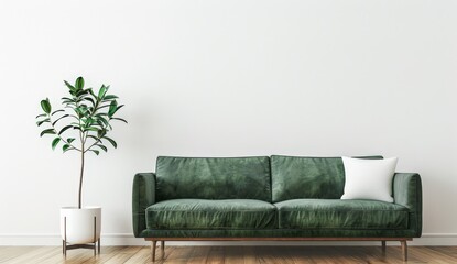 A green velvet sofa with a white pillow sits in front of a white wall with a potted plant to the left