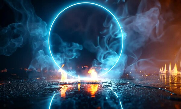 Glowing circular neon light in blue fire and smoke.