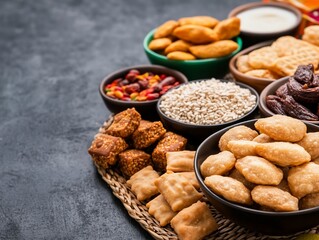 Assorted Indian sweets and snacks in bowls on a table.