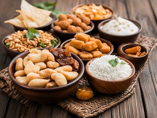 Obraz premium Assorted Indian snacks and sweets in bowls on wooden table.