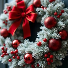 Decoration Christmas Background Wallpaper Wreath Pine Cones Cherry Snow Red Ribbon Vibrant