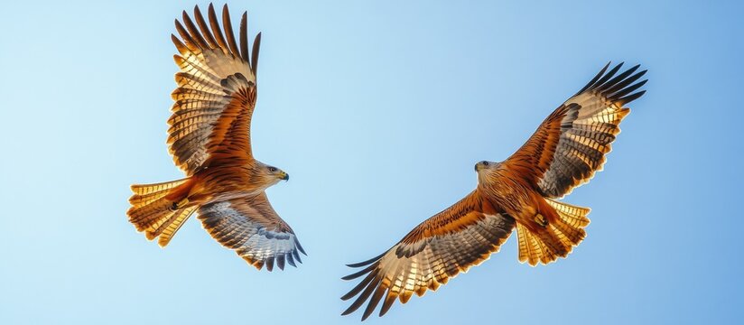 Two majestic brown hawks soaring in a clear blue sky, wings spread wide.
