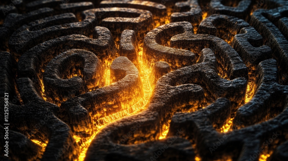 Aufkleber Intricate labyrinth structure shaped like a human brain, featuring glowing elements and ample space for adding text or information. Generative AI