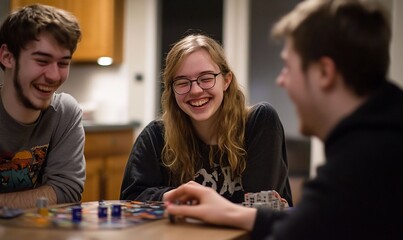 Fototapeta premium Three young adults laughing while playing a board game at a kitchen table.