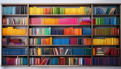 白い背景でカラフルな本が順番に並べられた整然とした本棚
