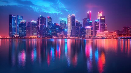 Fototapeta premium Vibrant cityscape at night, reflected in calm water.