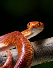 Naklejka premium A detailed closeup of a vibrant orange corn snake gracefully coiled around a branch. The snake's scales and eyes are clearly visible.