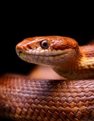 Obraz premium A detailed close-up of an orange corn snake against a black background. The image showcases the snake's intricate scales and striking gaze.