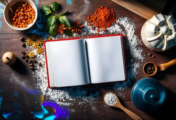 A cozy baking scene with an open book, spices, and Christmas decorations, evoking festive warmth and culinary creativity.