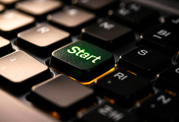 Green illuminated "Start" key on a modern keyboard, representing technology, creativity, and innovation. Generative AI