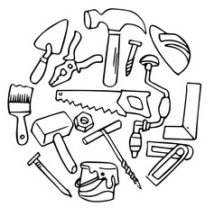 
Hand drawn set of tools for home and apartment repairs in oodle style.