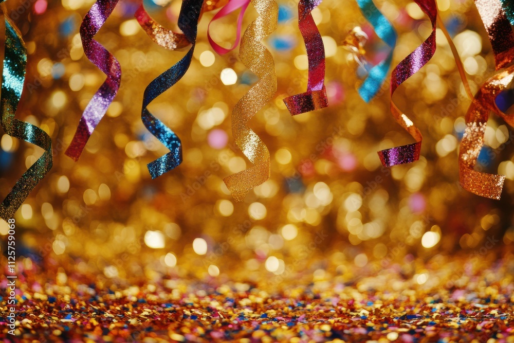Poster falling confetti and curling ribbons create a vibrant, festive setting against a shimmering golden b