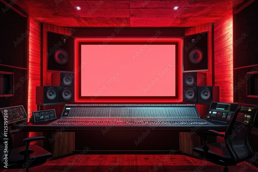 Poster red-lit professional recording studio with mixing console and large screen