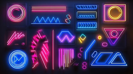 Neon signs, geometric shapes, vibrant colors, dark background, glowing, abstract, design elements.