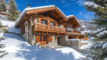 Luxurious chalet in snowy mountains.
