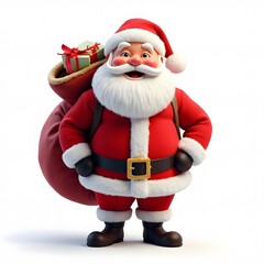Fototapeta premium Santa Claus Red Winter Season Christmas Happy Holding Big Bag Sack Gifts Coat 3D