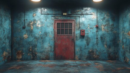 Abandoned Industrial Room with Blue and Red Aesthetic Features
