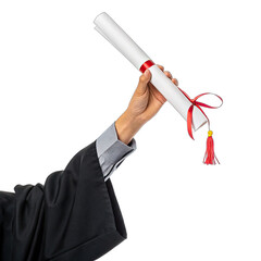Hand of a graduate proudly lifts a diploma rolled up with a red ribbon symbolizing achievement and academic success after graduation