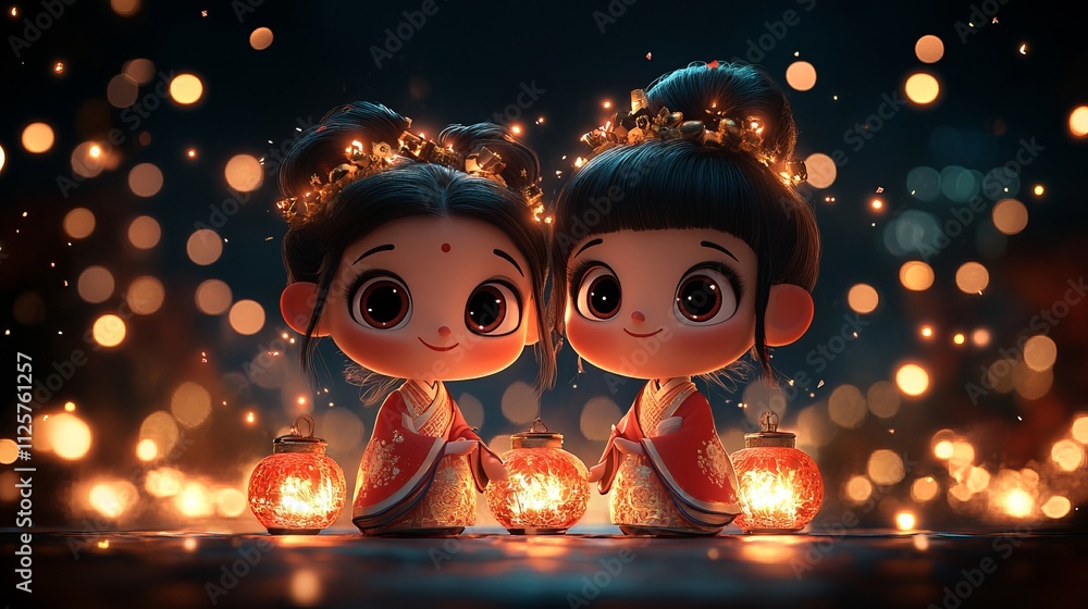 Poster charming animated characters with lanterns in a festive setting