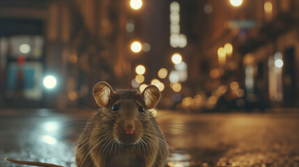 Large rat with detailed realistic texture standing on city street, looking directly at camera, urban environment presence emphasized.