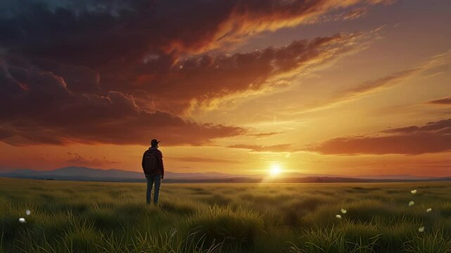 A lone man is in the meadow at sunset. Seamless 4K looping timelapse video animation background