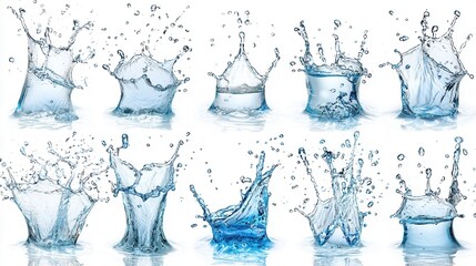 Various splashes of water captured in a series, showcasing the beauty and dynamics of liquid motion.