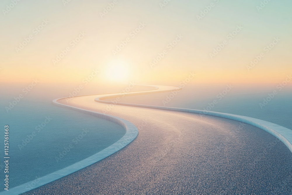 Aufkleber A winding running track leads into the horizon, illuminated by the soft light of sunrise, creating a tranquil and inviting atmosphere. Generative AI