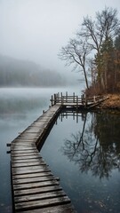 Obraz premium An old wooden pier extending into a foggy lake