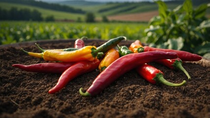 Assorted colorful chili peppers on farm backdrop