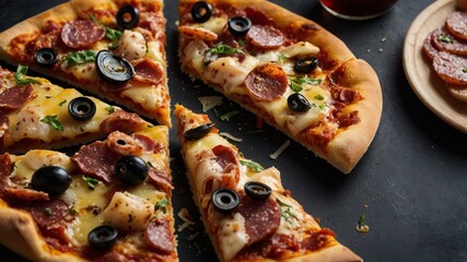 Assorted pizza slices with classic toppings display