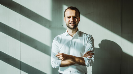 photography, half-body portait of a caucasian male project manager looking into the camera, 32 years old, talking happily and a making gesture with his hand