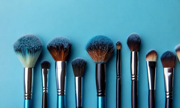 Makeup brushes on blue background.  Variety of sizes and shapes for different applications.