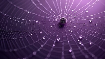 Intricate Spiderweb with Dewdrops, Purple Background Macro